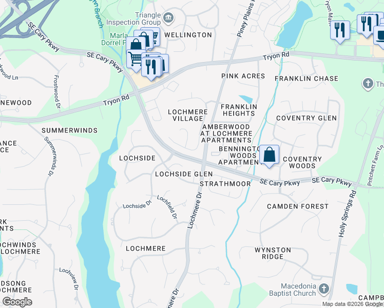 map of restaurants, bars, coffee shops, grocery stores, and more near 311 Jaslie Drive in Cary