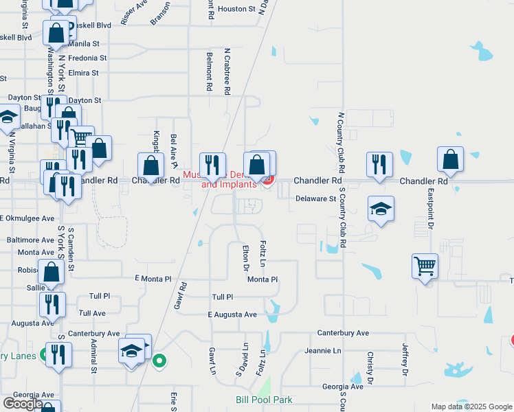 map of restaurants, bars, coffee shops, grocery stores, and more near 158 North David Lane in Muskogee