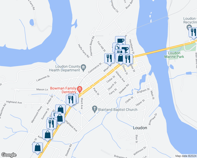 map of restaurants, bars, coffee shops, grocery stores, and more near 608 Mulberry Street in Loudon