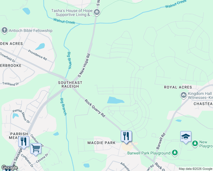 map of restaurants, bars, coffee shops, grocery stores, and more near 2281 South New Hope Road in Raleigh