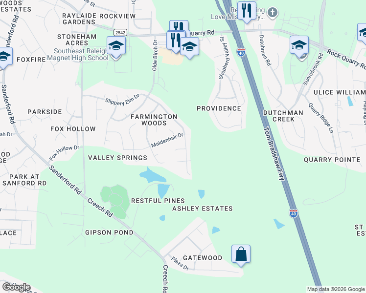 map of restaurants, bars, coffee shops, grocery stores, and more near 2811 Maidenhair Drive in Raleigh