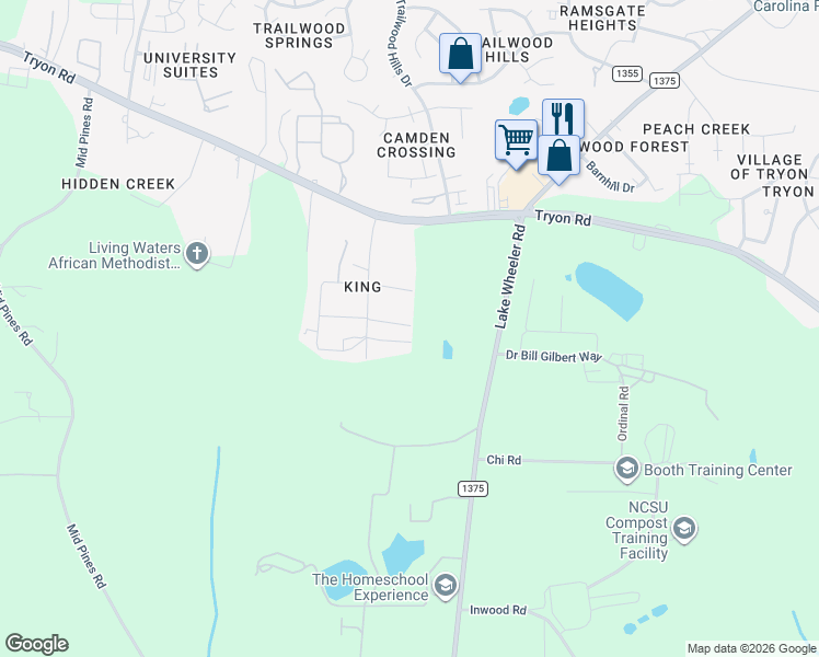 map of restaurants, bars, coffee shops, grocery stores, and more near 2709 Bethane Drive in Raleigh