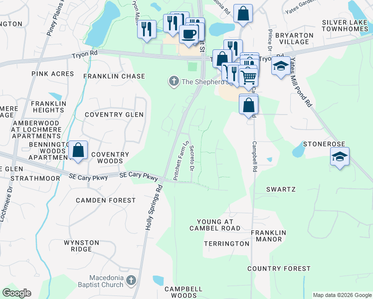 map of restaurants, bars, coffee shops, grocery stores, and more near 8244 Pritchett Farm Lane in Raleigh