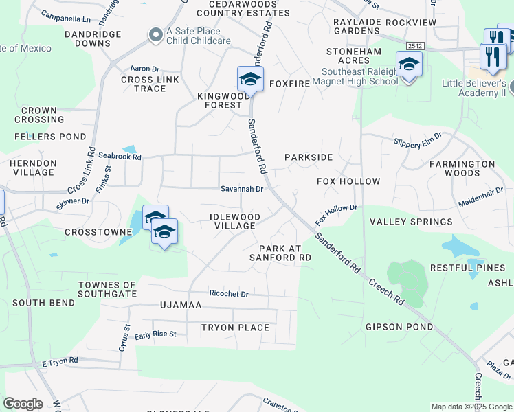 map of restaurants, bars, coffee shops, grocery stores, and more near 1416 Oakhill Court in Raleigh