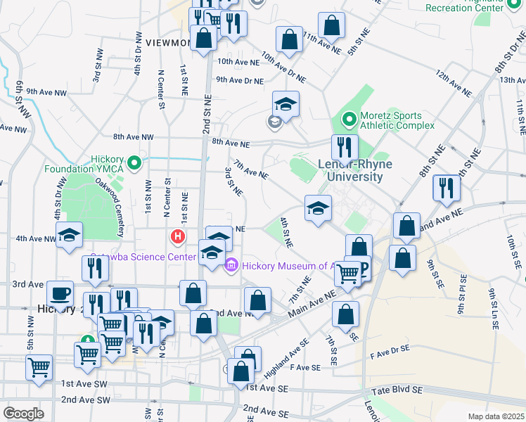 map of restaurants, bars, coffee shops, grocery stores, and more near 605 4th Street Northeast in Hickory