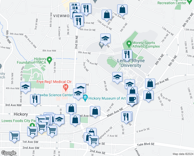 map of restaurants, bars, coffee shops, grocery stores, and more near 605 4th Street Northeast in Hickory