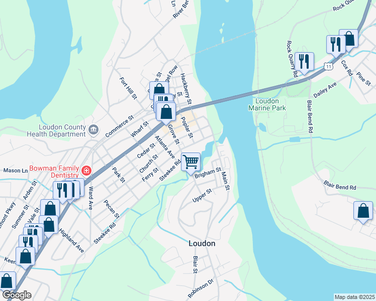 map of restaurants, bars, coffee shops, grocery stores, and more near 305 Ferry Street in Loudon