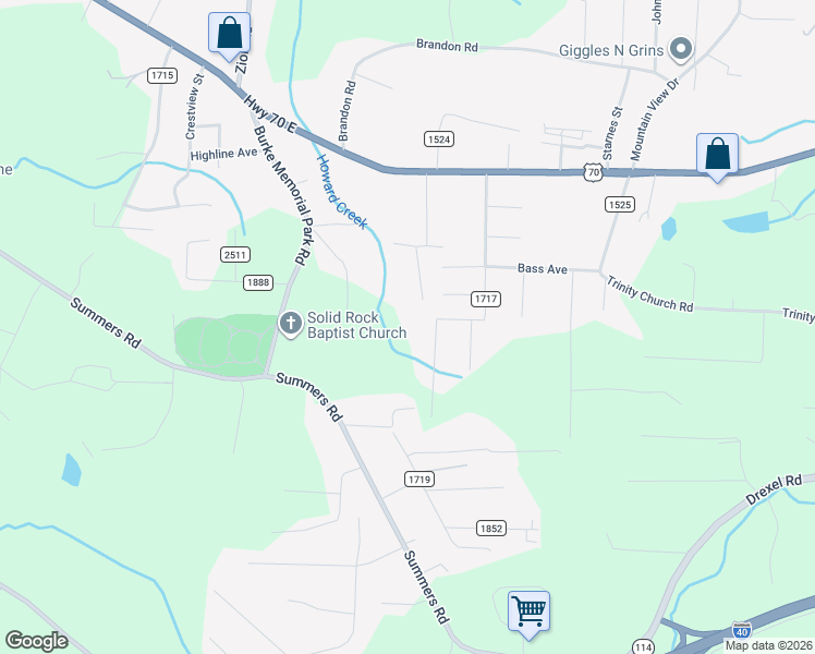 map of restaurants, bars, coffee shops, grocery stores, and more near 2588 Holly Hills Drive in Valdese