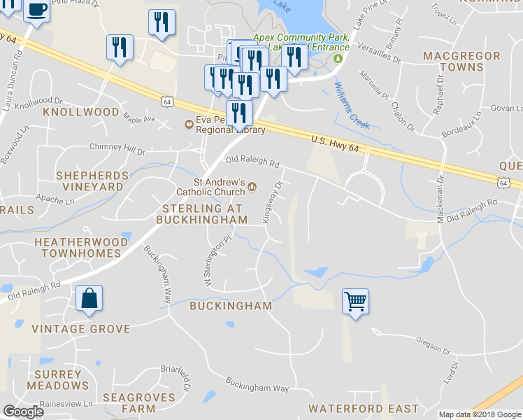 map of restaurants, bars, coffee shops, grocery stores, and more near 1018 Kingsway Drive in Apex