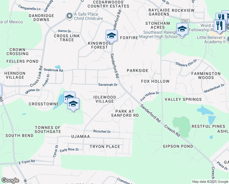 map of restaurants, bars, coffee shops, grocery stores, and more near 1416 Oakhill Court in Raleigh