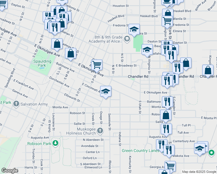 map of restaurants, bars, coffee shops, grocery stores, and more near 1700 Baltimore Avenue in Muskogee