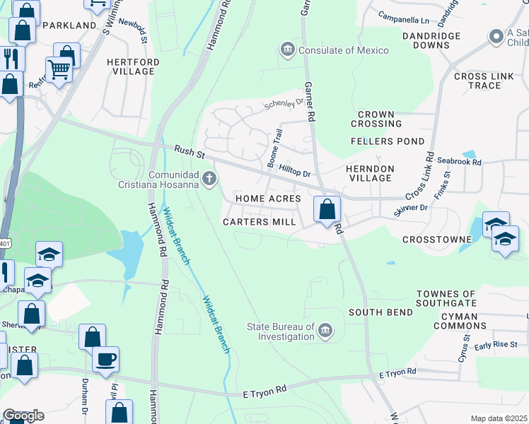 map of restaurants, bars, coffee shops, grocery stores, and more near 265 Seagrams Court in Raleigh