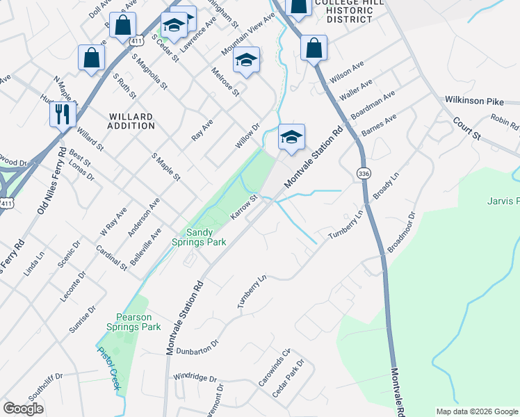 map of restaurants, bars, coffee shops, grocery stores, and more near 1006 Montvale Station Road in Maryville