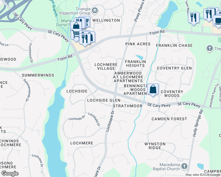 map of restaurants, bars, coffee shops, grocery stores, and more near 311 Jaslie Drive in Cary