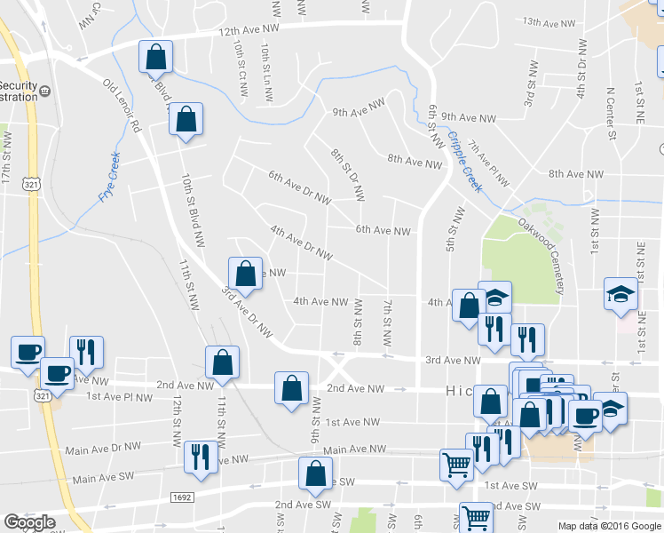 map of restaurants, bars, coffee shops, grocery stores, and more near 841 4th Avenue Northwest in Hickory