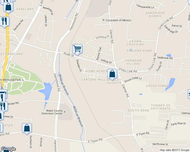 map of restaurants, bars, coffee shops, grocery stores, and more near 265 Seagrams Court in Raleigh