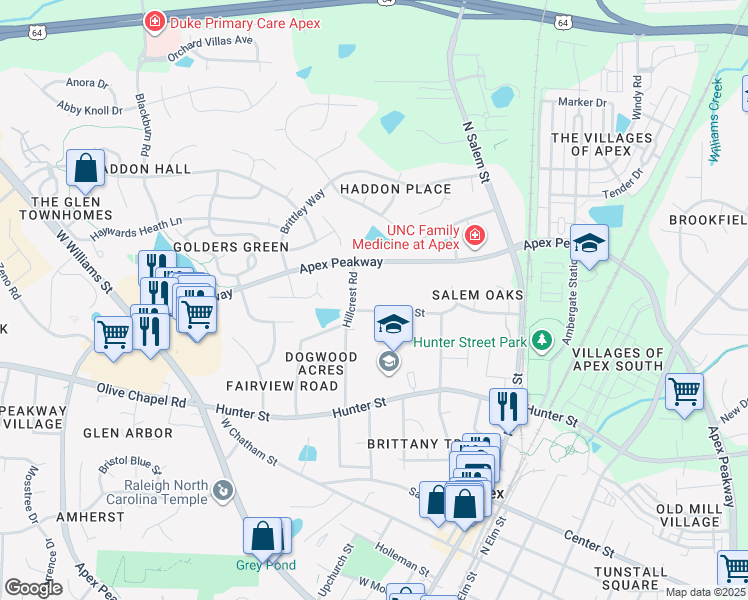 map of restaurants, bars, coffee shops, grocery stores, and more near 802 Cash Street in Apex