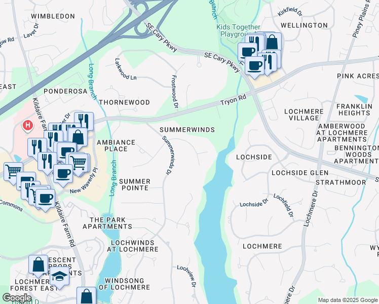map of restaurants, bars, coffee shops, grocery stores, and more near 106 East Green Forest Drive in Cary