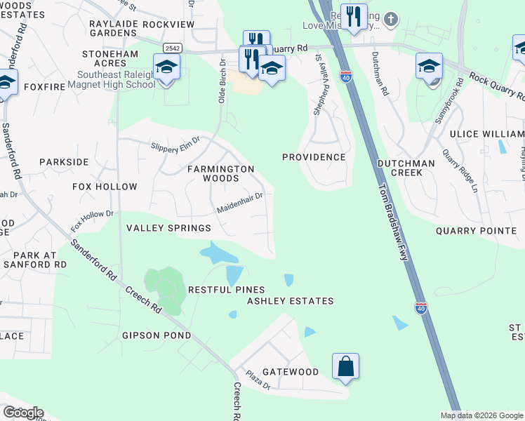 map of restaurants, bars, coffee shops, grocery stores, and more near 2811 Maidenhair Drive in Raleigh