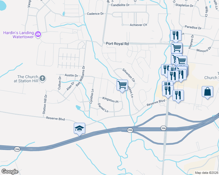 map of restaurants, bars, coffee shops, grocery stores, and more near 3008 Wesley Road in Spring Hill