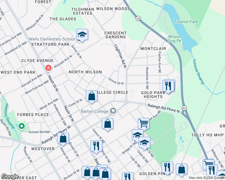 map of restaurants, bars, coffee shops, grocery stores, and more near 509 Bynum Street North in Wilson
