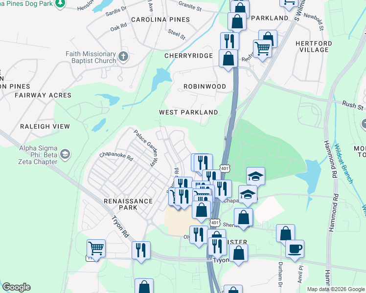 map of restaurants, bars, coffee shops, grocery stores, and more near 414 Stone Flower Lane in Raleigh