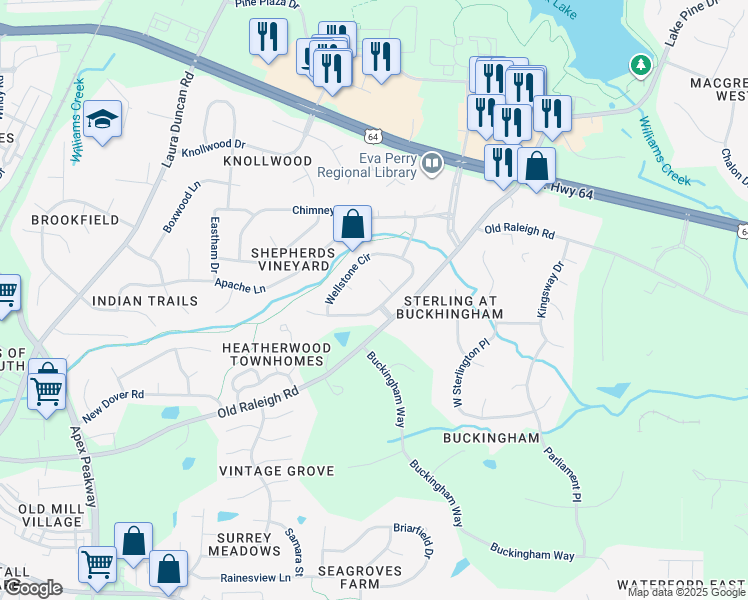 map of restaurants, bars, coffee shops, grocery stores, and more near 1015 Wellstone Cir in Apex