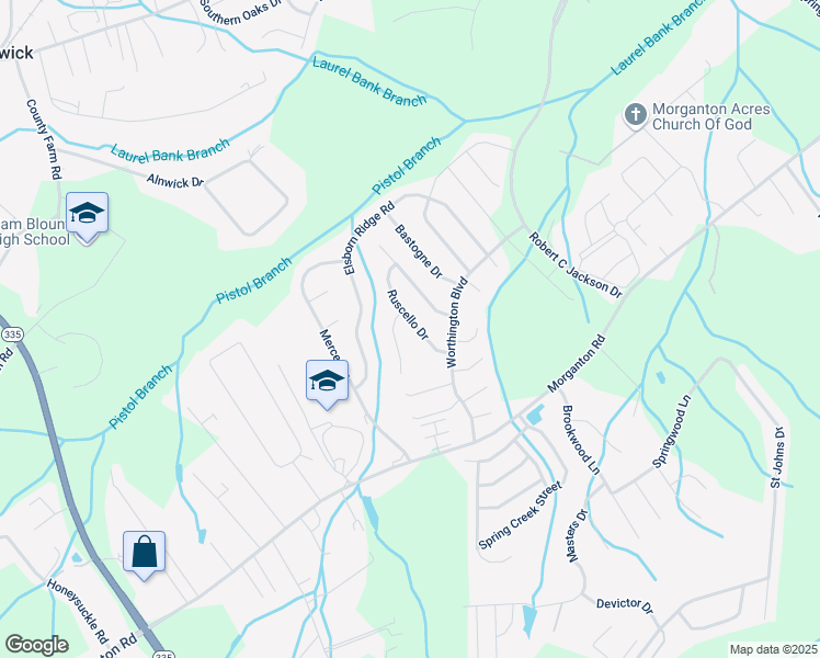 map of restaurants, bars, coffee shops, grocery stores, and more near 1019 Ruscello Drive in Maryville