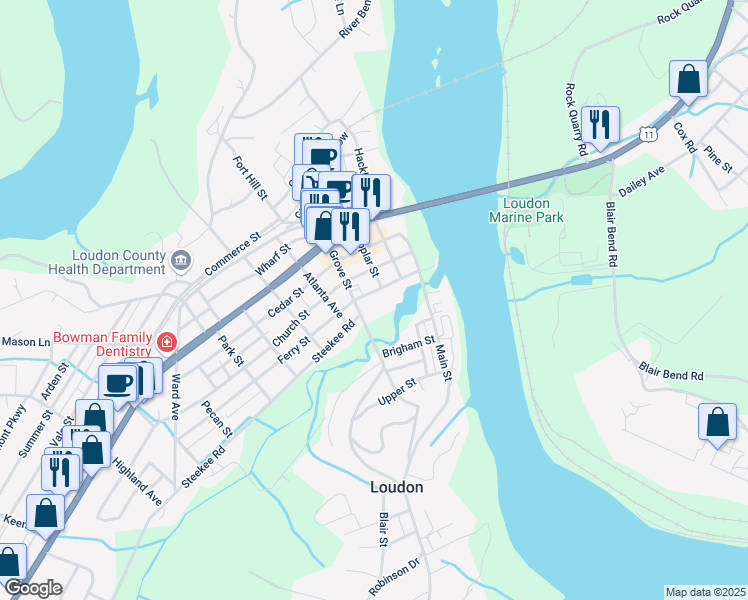 map of restaurants, bars, coffee shops, grocery stores, and more near 305 Ferry Street in Loudon