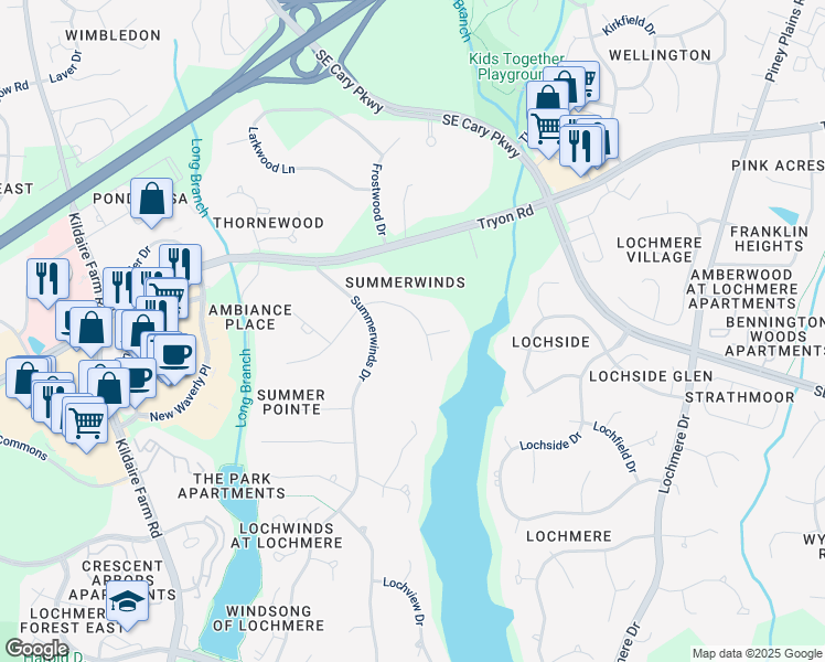 map of restaurants, bars, coffee shops, grocery stores, and more near 106 East Green Forest Drive in Cary