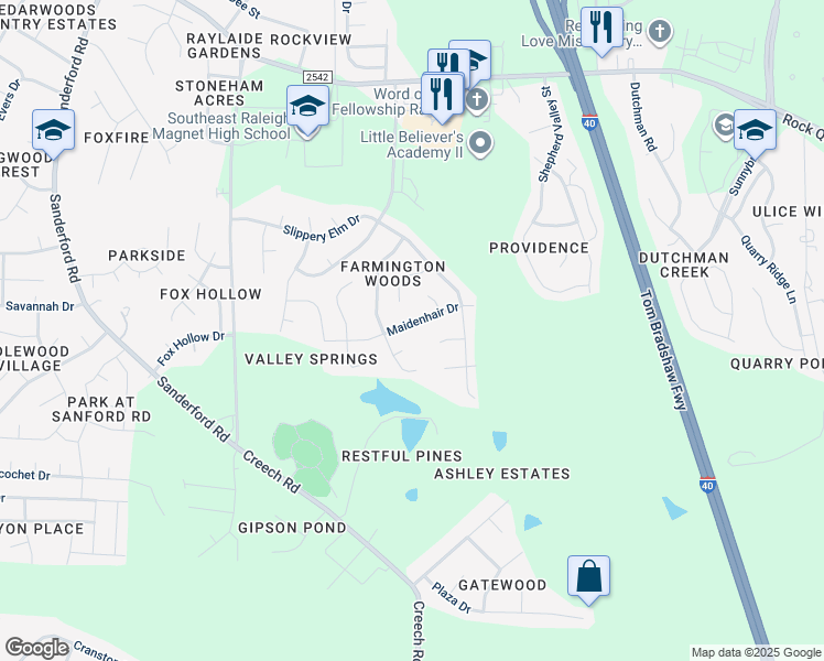 map of restaurants, bars, coffee shops, grocery stores, and more near 2839 Maidenhair Drive in Raleigh