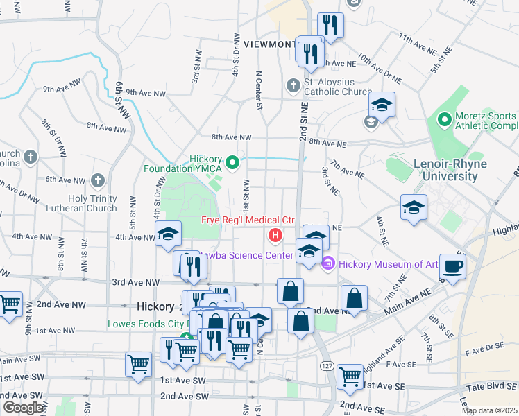 map of restaurants, bars, coffee shops, grocery stores, and more near 539 North Center Street in Hickory