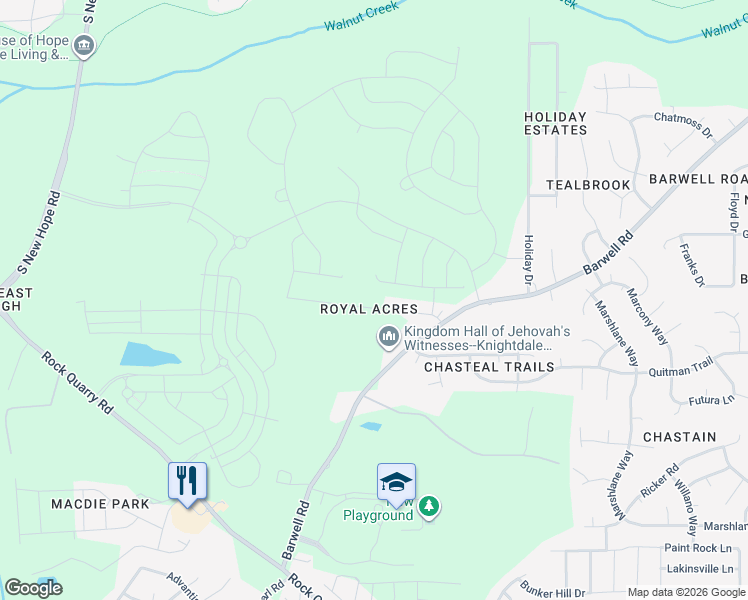 map of restaurants, bars, coffee shops, grocery stores, and more near 5104 Royal Acres Road in Raleigh