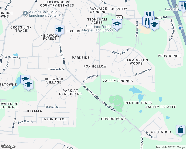 map of restaurants, bars, coffee shops, grocery stores, and more near 1720 Fox Hollow Drive in Raleigh