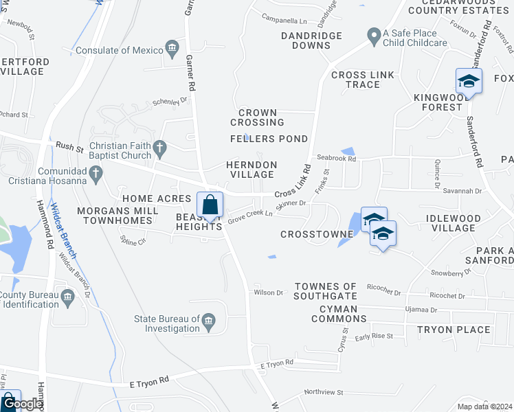 map of restaurants, bars, coffee shops, grocery stores, and more near 752 Grove Creek Lane in Raleigh