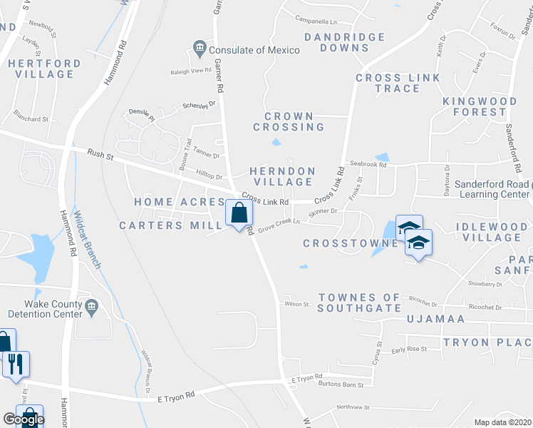 map of restaurants, bars, coffee shops, grocery stores, and more near 726 Maypearl Lane in Raleigh