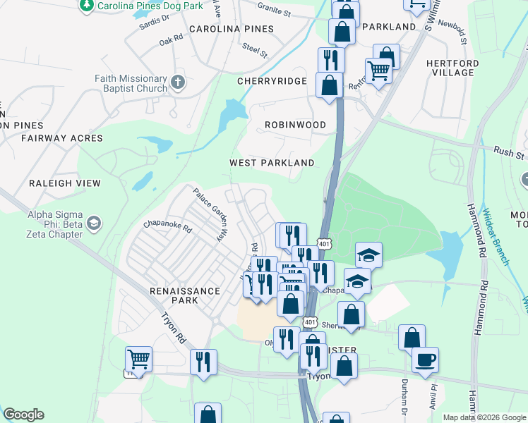 map of restaurants, bars, coffee shops, grocery stores, and more near 414 Stone Flower Lane in Raleigh