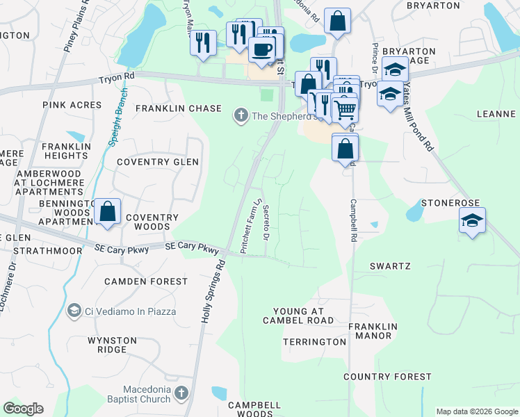 map of restaurants, bars, coffee shops, grocery stores, and more near 8244 Pritchett Farm Lane in Raleigh