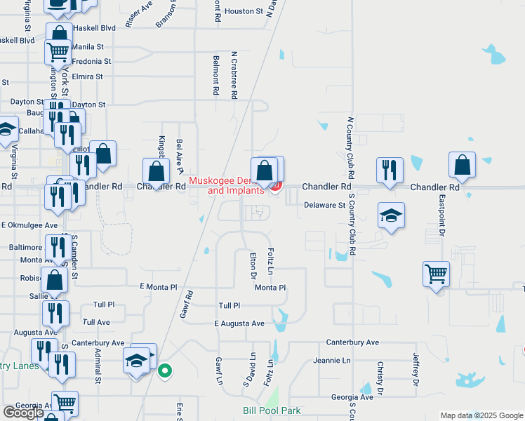 map of restaurants, bars, coffee shops, grocery stores, and more near 158 North David Lane in Muskogee