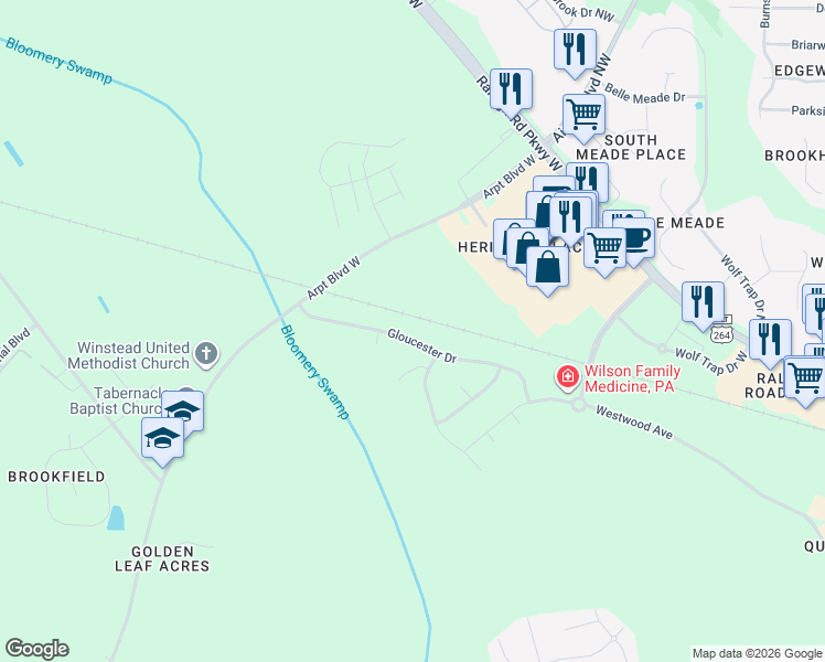 map of restaurants, bars, coffee shops, grocery stores, and more near 3808 Gloucester Drive in Wilson