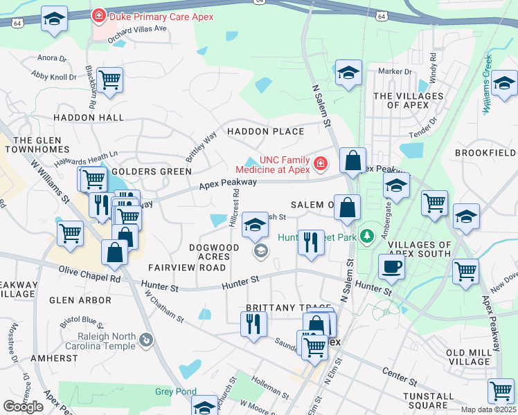 map of restaurants, bars, coffee shops, grocery stores, and more near 802 Cash Street in Apex