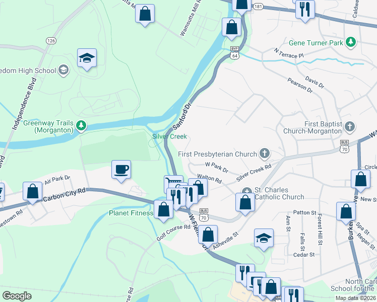 map of restaurants, bars, coffee shops, grocery stores, and more near 227 West Park Drive in Morganton