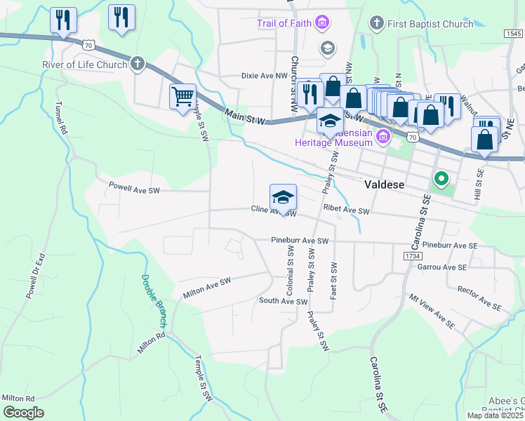 map of restaurants, bars, coffee shops, grocery stores, and more near in Valdese