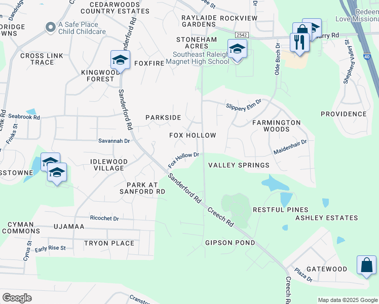 map of restaurants, bars, coffee shops, grocery stores, and more near 1807 Fox Hollow Drive in Raleigh
