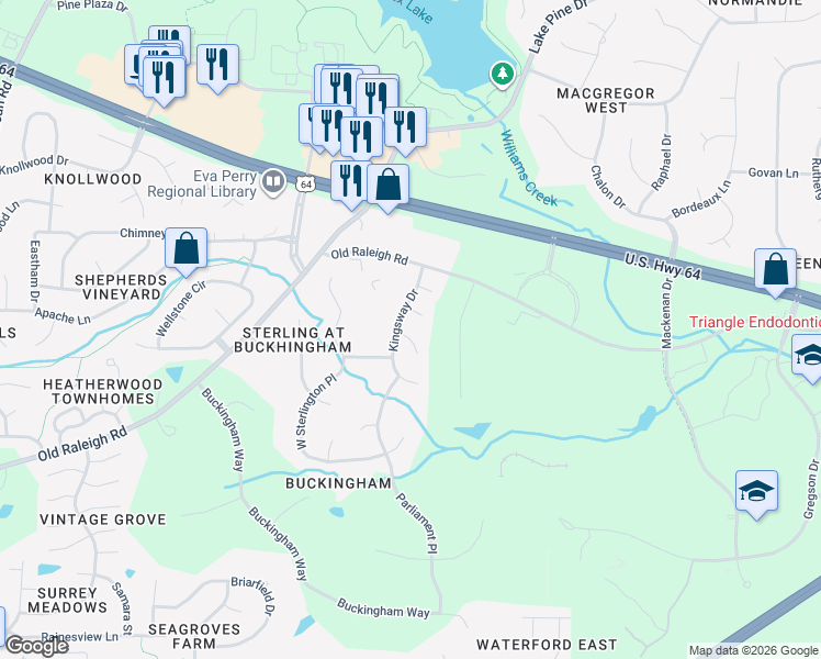 map of restaurants, bars, coffee shops, grocery stores, and more near 1000 Sunny Brae Court in Apex