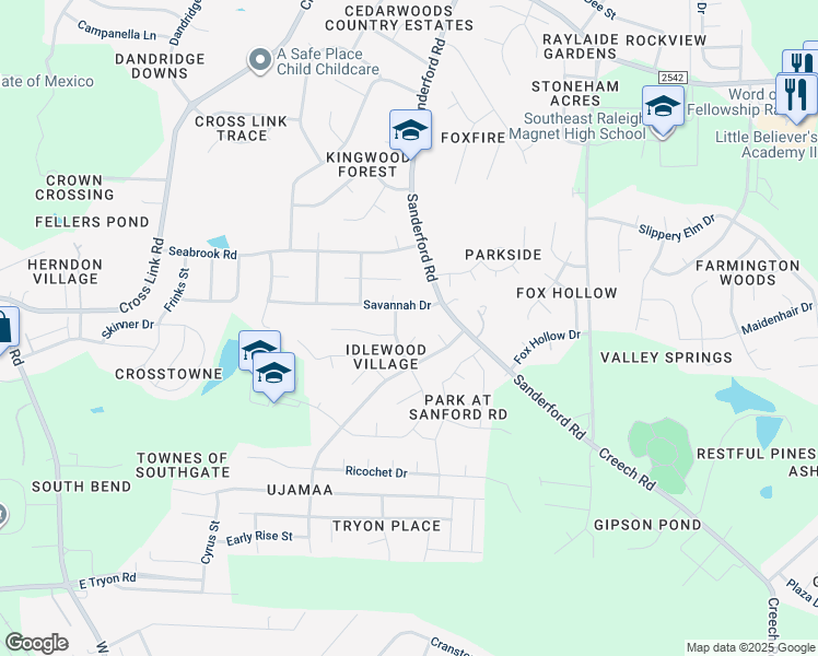 map of restaurants, bars, coffee shops, grocery stores, and more near 1413 Oakhill Court in Raleigh
