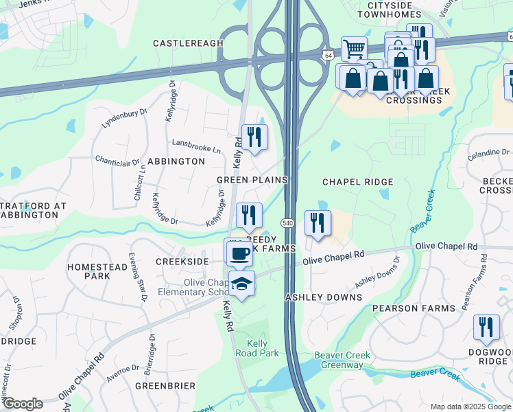 map of restaurants, bars, coffee shops, grocery stores, and more near 1128 Finch Court in Apex