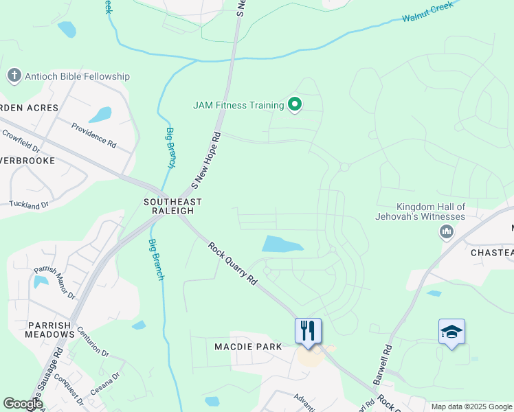 map of restaurants, bars, coffee shops, grocery stores, and more near 2281 South New Hope Road in Raleigh