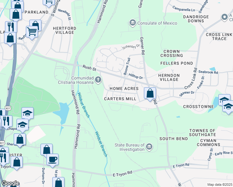 map of restaurants, bars, coffee shops, grocery stores, and more near 245 Seagrams Court in Raleigh