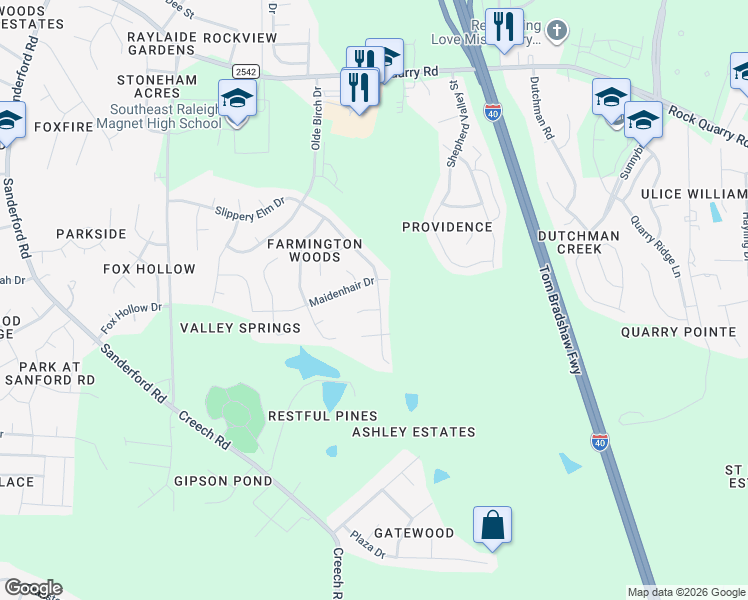 map of restaurants, bars, coffee shops, grocery stores, and more near 2811 Maidenhair Drive in Raleigh